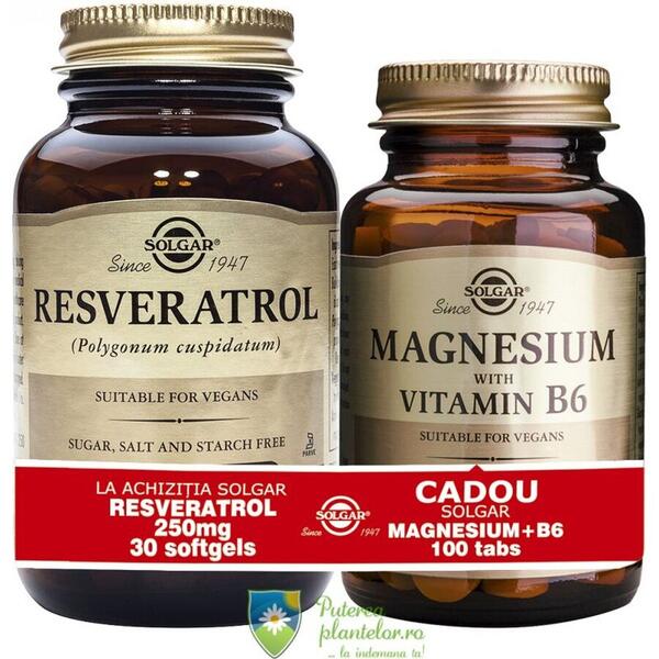Solgar Resveratrol 250mg 30 ps + Magnesium + B6 100 tb Gratis