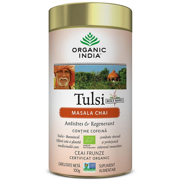 Organic India Tulsi (Busuioc Sfant) Masala Chai | Relaxant & Regenerant, 100g BIO