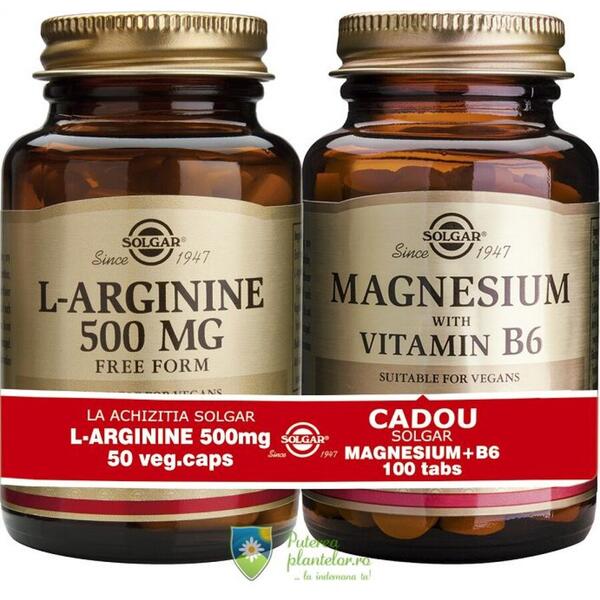 Solgar L-arginine 500mg 50 cps + Magnesium cu B6 100 tb Gratis